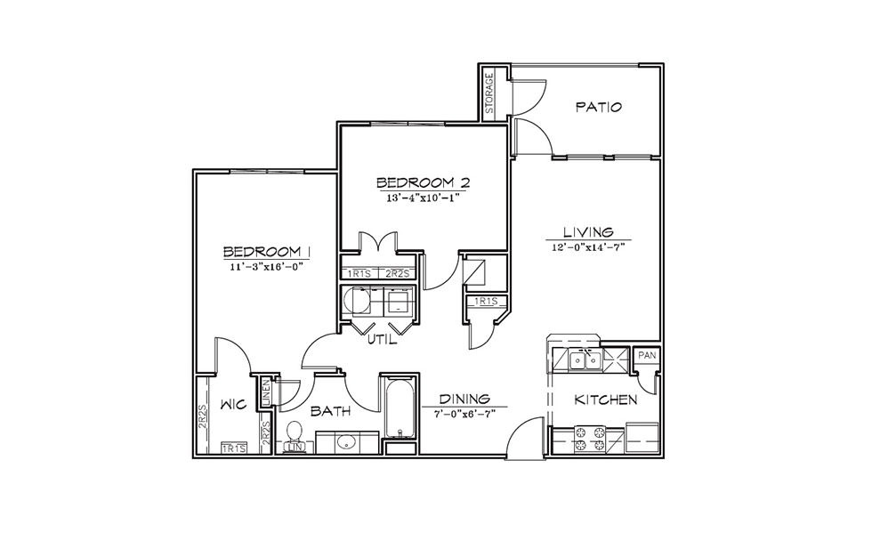 Wisteria - 2 bedroom floorplan layout with 1 bath and 951 square feet (1st floor 2D)